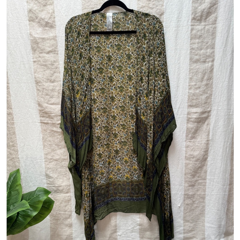 Tapestry Print Kimono Olive Green Floral Boho Wrap One Size